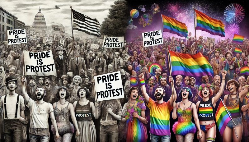 DALL·E 2025-03-25 06.51.12 - A split-image landscape design showing the evolution of Pride. The left half is in black and white, depicting a 1970s LGBTQ+ protest march with people